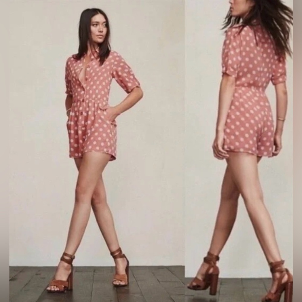 Reformation Coral and White Polka Dot Romper NWOT